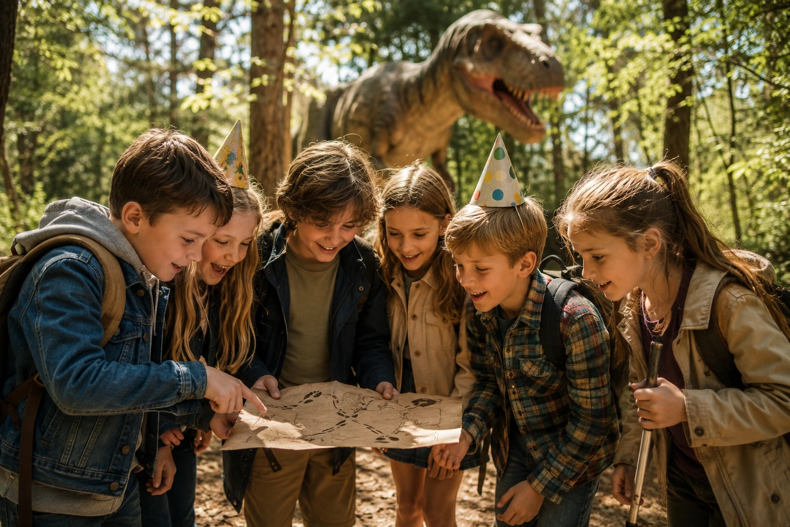 Kinderen beleven buiten een DinoFeestje met een zelfgemaakte dino-speurtocht