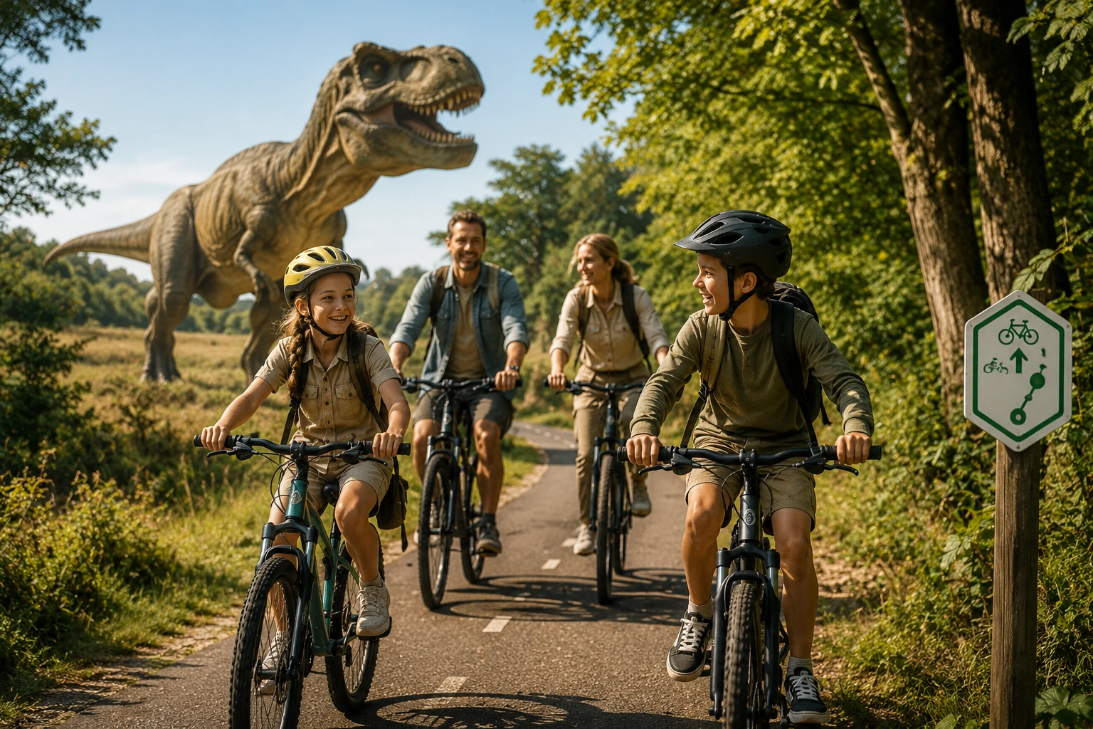 Een kind ontdekt met een telefoon een velociraptor bij een wandel- of fietsknooppunt in het bos.