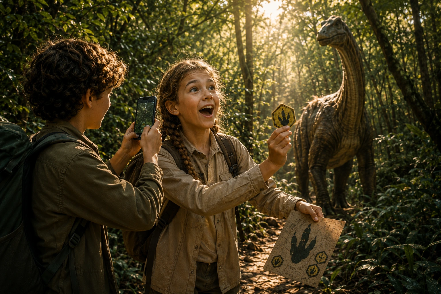 DinoRoutes-promotie met dinosaurus, telefoon en QR-code naar de knooppuntenroutewinkel