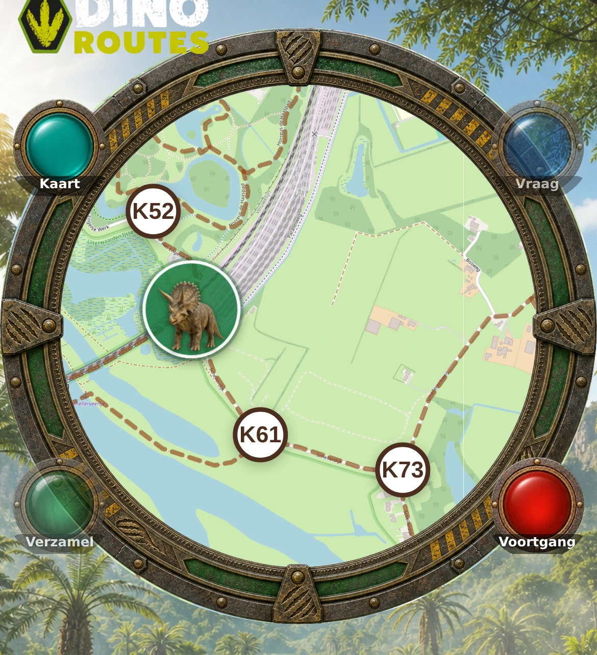 Map in DinoRoutes, with the game border, three walking junctions and a dino marker