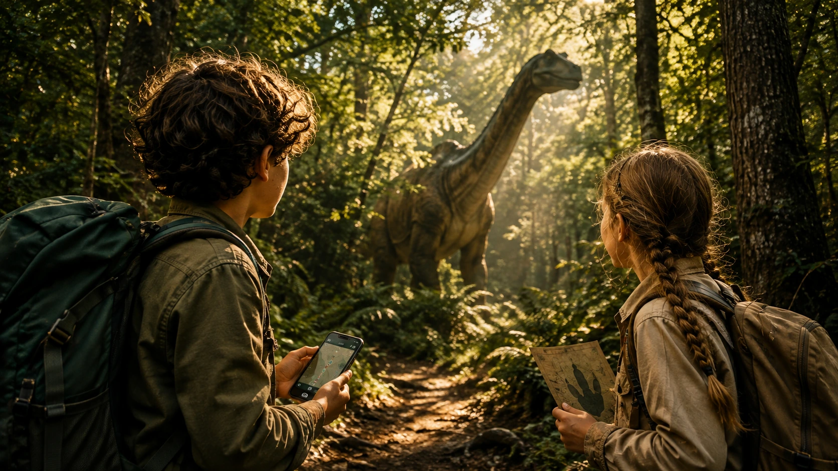A dinosaur and children in the adventure world of DinoRoutes